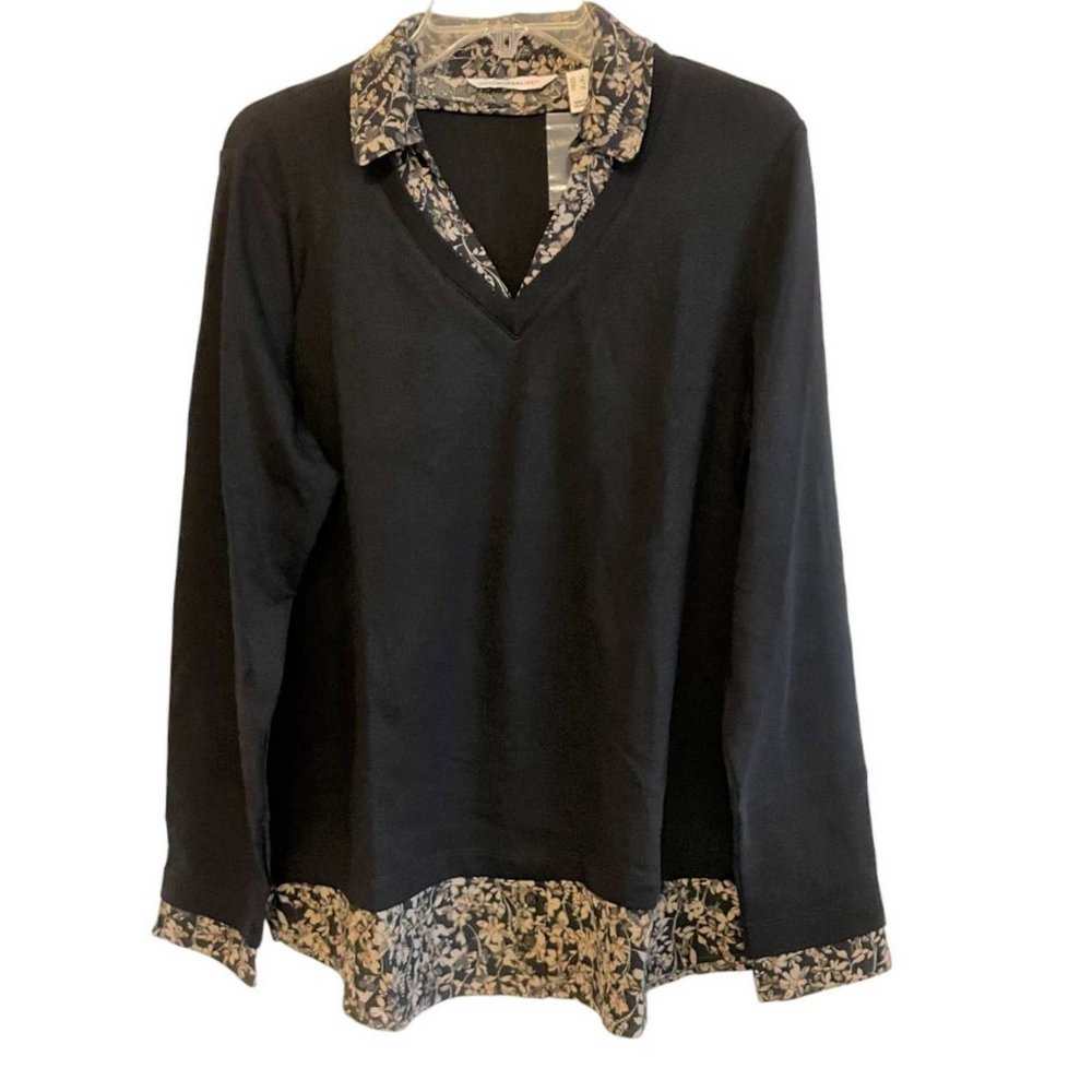 Isaac Mizrahi Live! Mixed Media Collared Vneck Layered Look Top LARGE (313C) - Picture 1 of 7